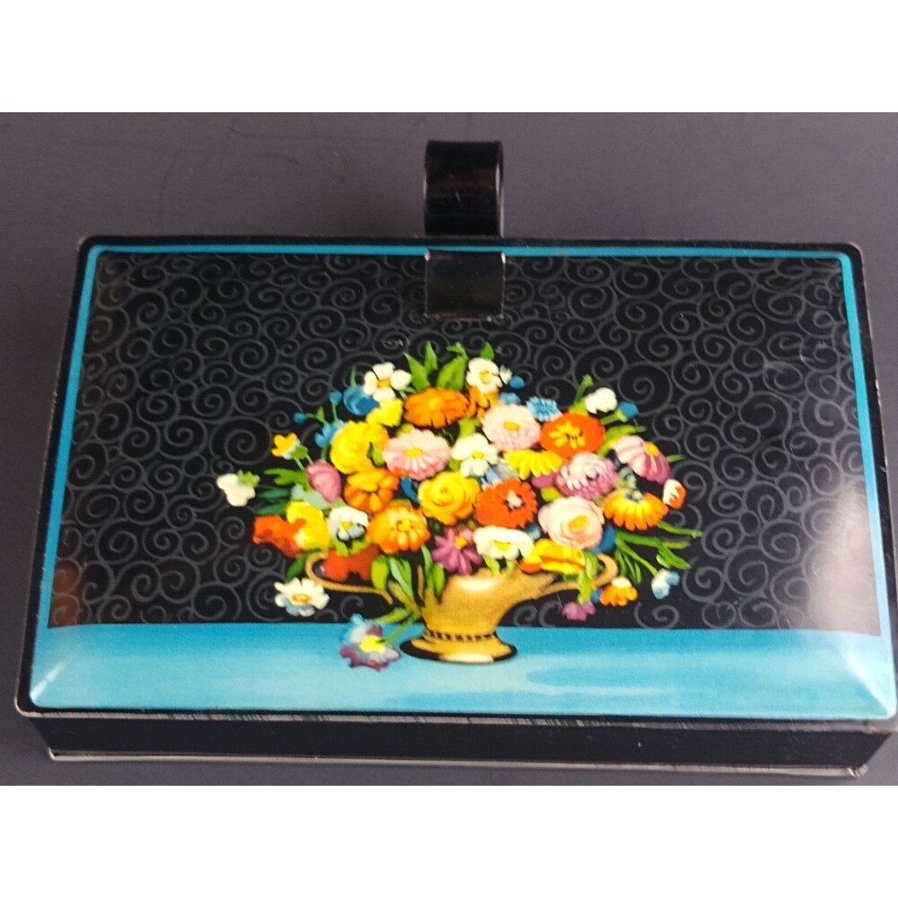 Vintage Tin Metal Decoware Box Silent Butler Crumb Tray Flowers Aqua Black